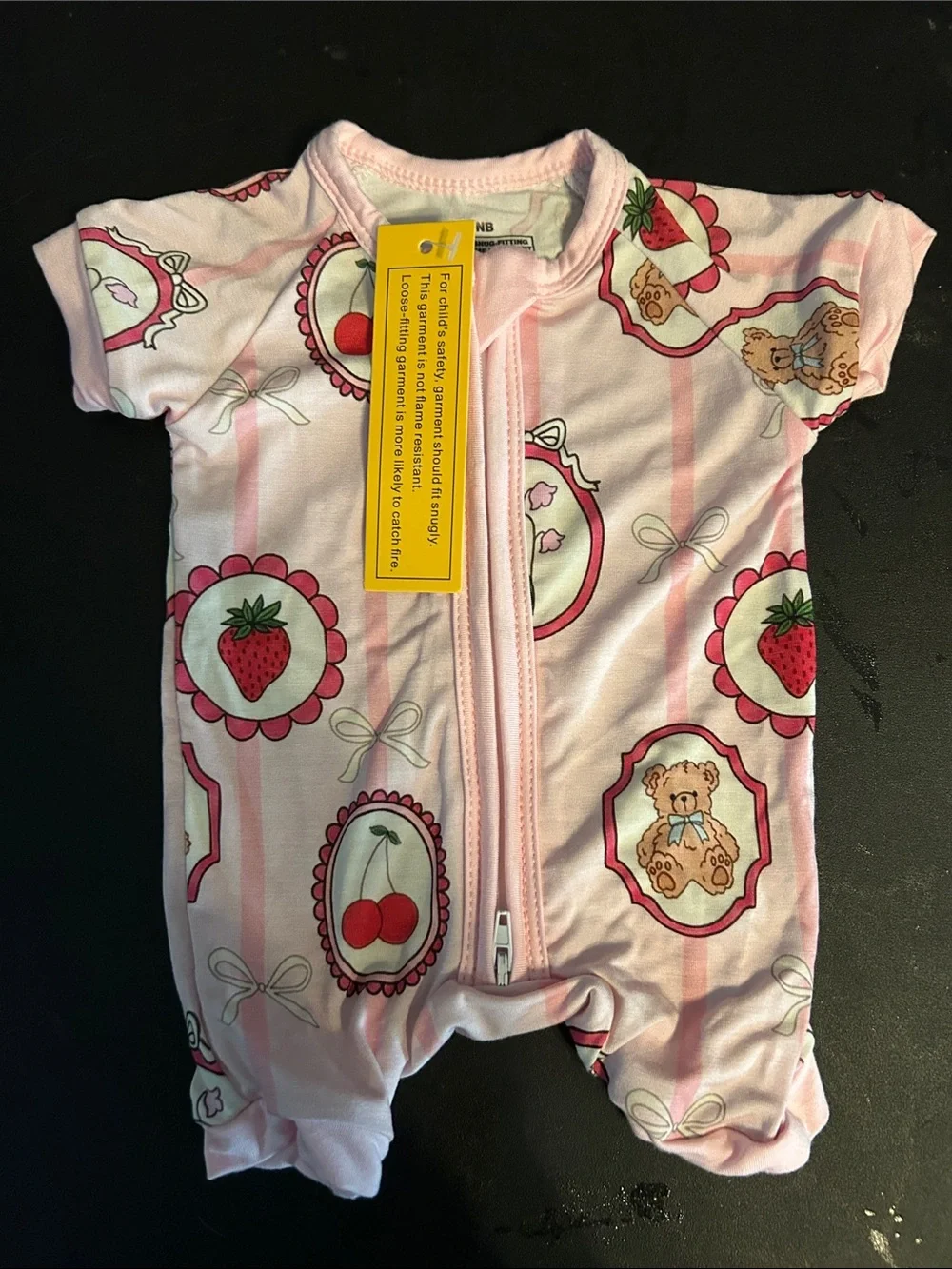 Bamboo Pink Strawberry & Bear Print Baby One-Piece Romper